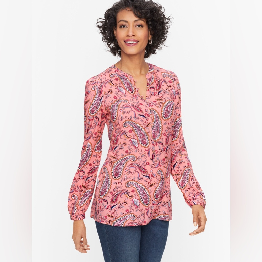 Talbots XLP Pink Orange Paisley Band Collar Popover Top